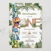 可愛カラフルい恐竜の緑1歳の誕生日ワン 招待状 (正面/裏面)