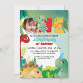 可愛カラフルい恐竜男の赤ちゃんファースト誕生日 招待状 (正面)