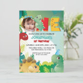 可愛カラフルい恐竜男の赤ちゃんファースト誕生日 招待状 (スタンド正面)