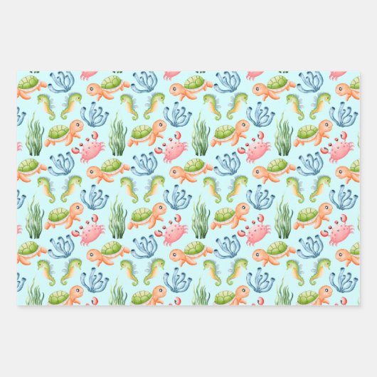 可愛カラフルい水中の海の命の子供 ラッピングペーパーシート (正面3)