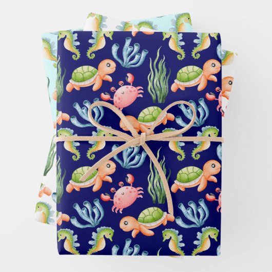 可愛カラフルい水中の海の命の子供 ラッピングペーパーシート (インサイチュ)