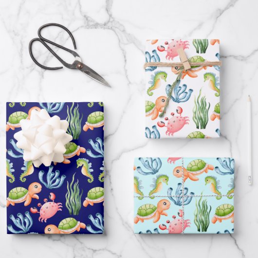 可愛カラフルい水中の海の命の子供 ラッピングペーパーシート (正面)