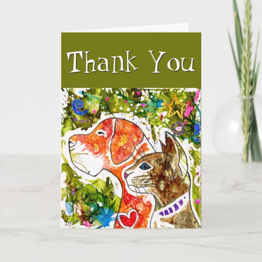 可愛カラフルい犬と猫のグリーティングカード サンキューカード (正面)