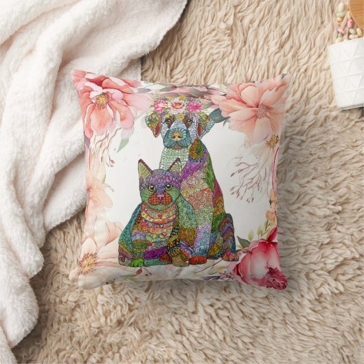 可愛カラフルい犬と猫の養子縁組フローラ クッション (ブランケット)