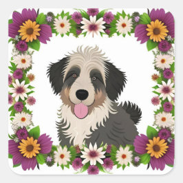 可愛カラフルい犬のフローラ付きイラストレーション スクエアシール