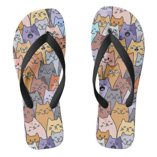 可愛カラフルい猫の群集パタお洒落ーン猫顔 ビーチサンダル (フットベッド)