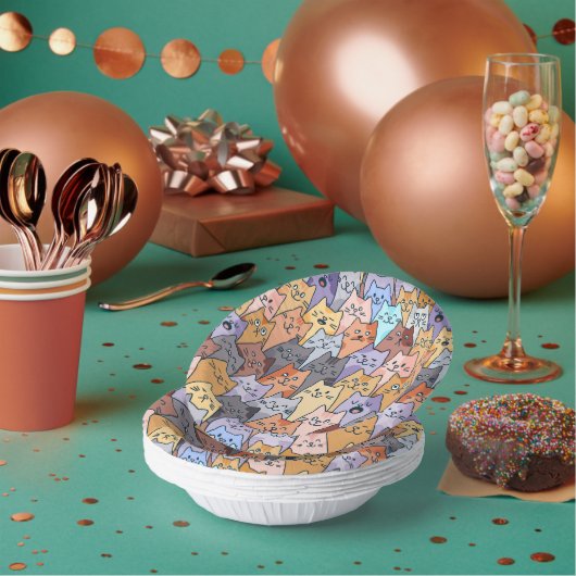 可愛カラフルい猫の群集パタお洒落ーン猫顔 ペーパーボウル (複数)