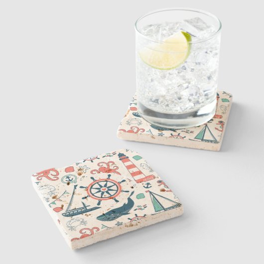 可愛カラフルい航海の柄 ストーンコースター (横)