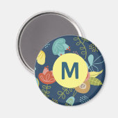 可愛カラフルい花柄ダークブルーモノグラム マグネット (正面/裏面)