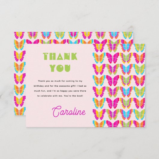 可愛カラフルい蝶ガール4th誕生日パーティー サンキューカード (正面/裏面)