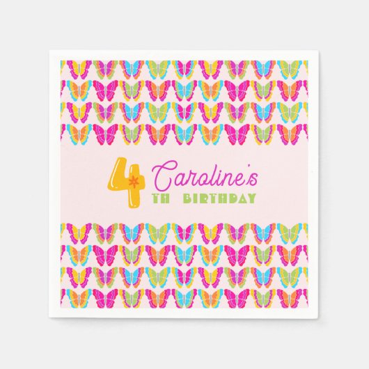 可愛カラフルい蝶ガール4th誕生日パーティー スタンダードカクテルナプキン (正面)