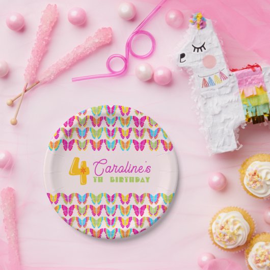 可愛カラフルい蝶ガール4th誕生日パーティー ペーパープレート (パーティー)
