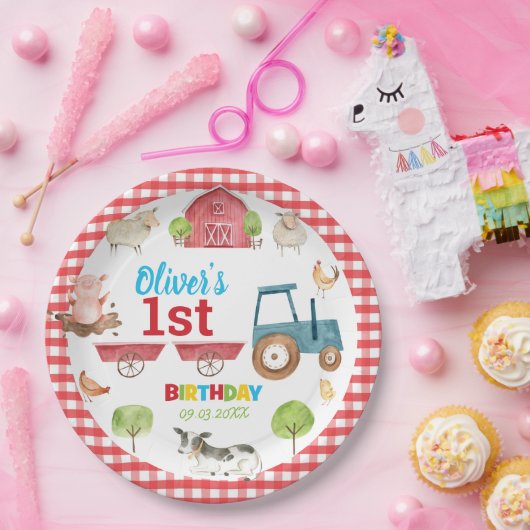 可愛カラフルい農園動物納屋周囲の庭1歳 ペーパープレート (パーティー)