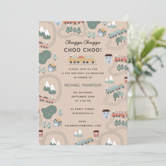 可愛カラフルい電車の車内子供の誕生日 招待状 (スタンド正面)
