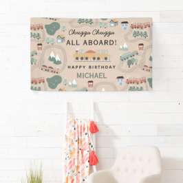 可愛カラフルい電車の車内子供の誕生日 横断幕