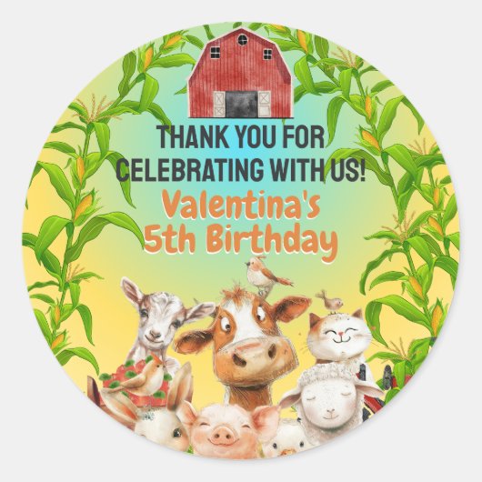 可愛カラフルい飼育動物赤い納屋ありがとう ラウンドシール (正面)