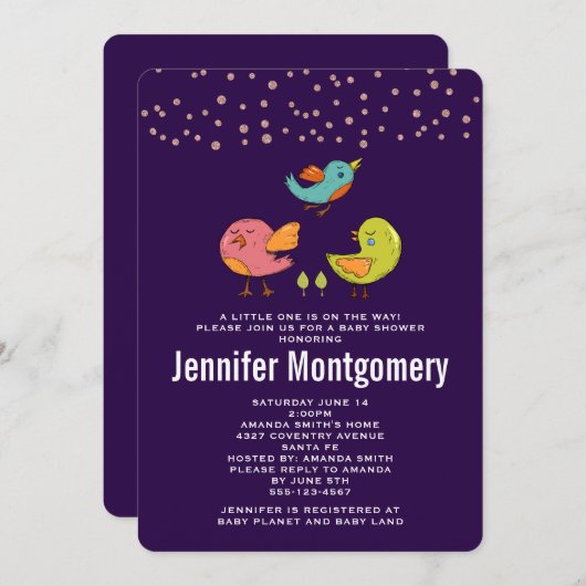 可愛カラフルい鳥お洒落の赤ちゃんシャワー 招待状 (正面/裏面)