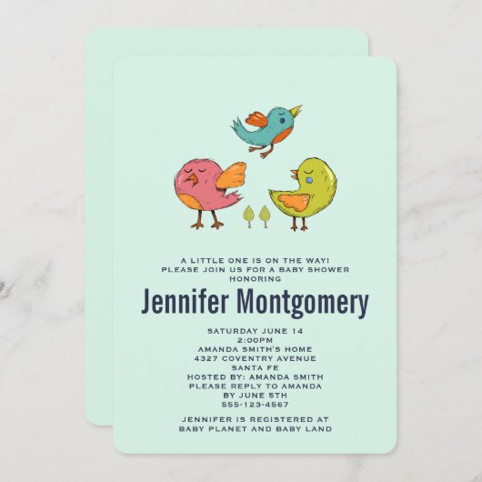 可愛カラフルい鳥お洒落の赤ちゃんシャワー 招待状 (正面/裏面)