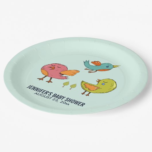 可愛カラフルい鳥お洒落トリオ赤ちゃんシャワー ペーパープレート (アングル)
