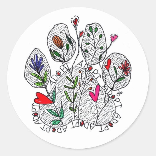 可愛カラフルいA D O P T Pet Pawステッカー ラウンドシール (正面)