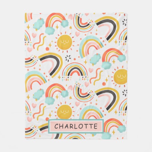 可愛ガーリーいお洒落レインボーハート名 フリースブランケット (正面)