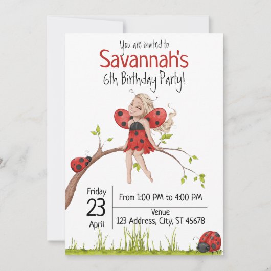 可愛ガーリーいお洒落レディーバグ6誕生日 招待状 (正面)