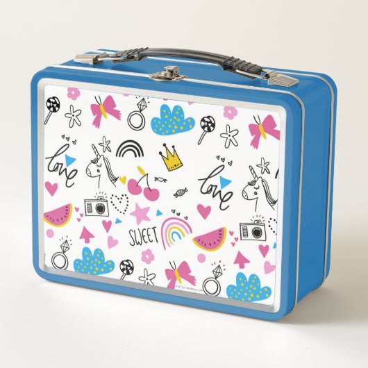 可愛ガーリーいかわいらし虹のユニコーンカラフル模様 メタルランチボックス (正面)