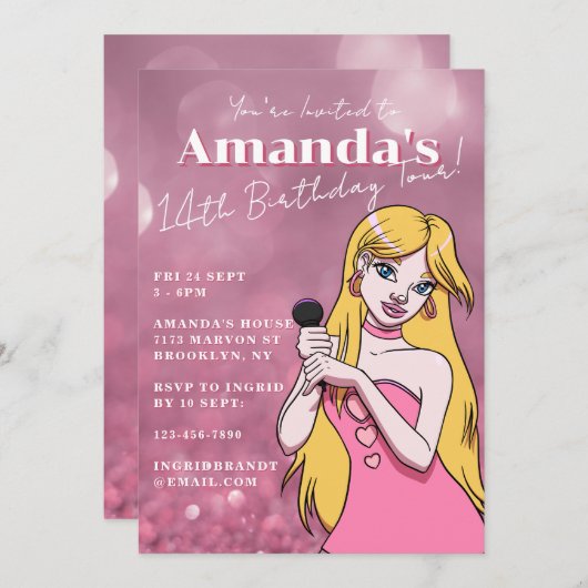 可愛ガーリーいガポップ・アートのートミュージック14誕生日 招待状 (正面/裏面)