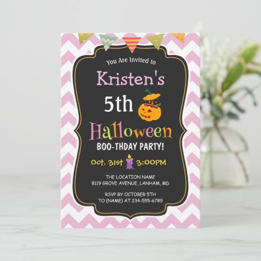 可愛ガーリーいシェブロン・キッドのハロウィーン誕生日パーティー 招待状 (スタンド正面)