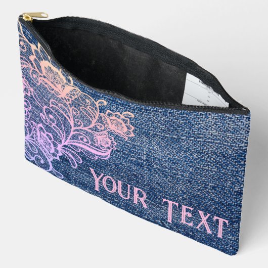 可愛ガーリーいデニフェイクムとピンクのレースフローラ アクセサリーポーチ (見開き)