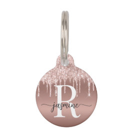 可愛ガーリーいバラ金ゴールドグリッターモノグラムスクリプト ペット　ネームタグ