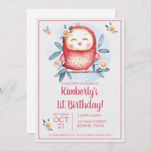 可愛ガーリーいバードファースト誕生日招待状 招待状 (正面/裏面)