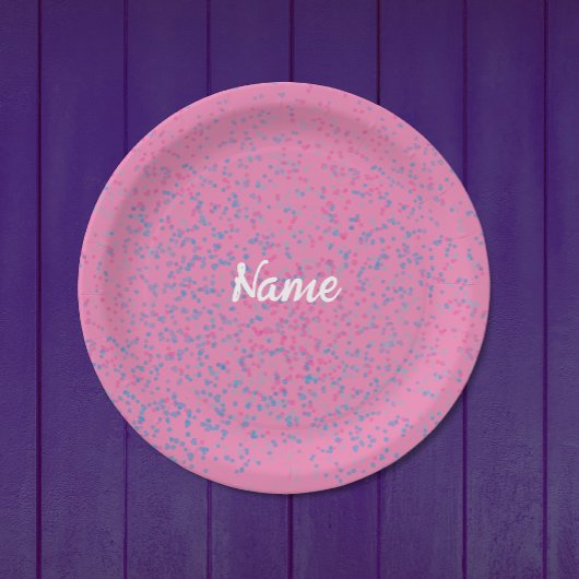 可愛ガーリーいパステルピンク青のドットモダンホワイトネーム ペーパープレート