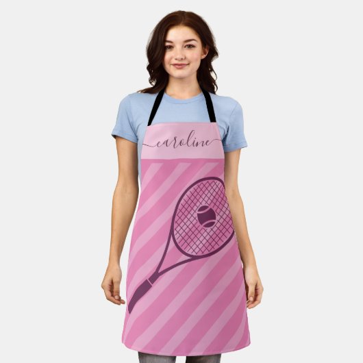 可愛ガーリーいピストライプのックテニステーマ女子の名前 エプロン (着用した状態)