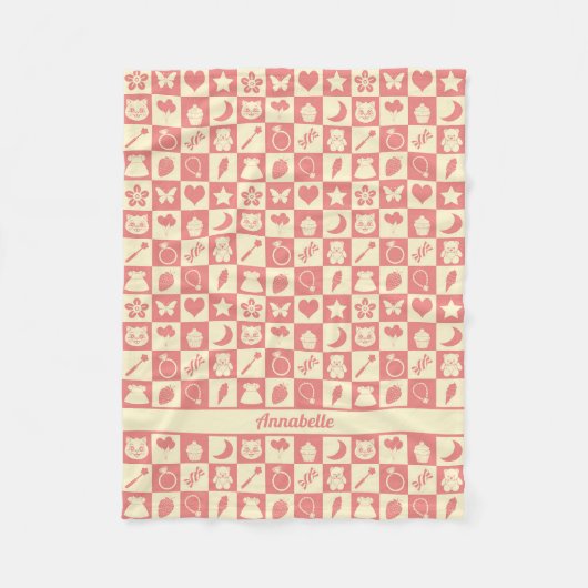 可愛ガーリーいピモダンンク市松模様にアイコンのパターン フリースブランケット (正面)