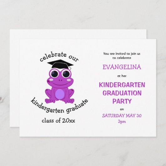 可愛ガーリーいピンクのカエル幼稚園卒業パーティー 招待状 (正面/裏面)