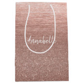 可愛ガーリーいピンクのローズ金ゴールドグリッタースパークルブラシ ミディアムペーパーバッグ (正面)