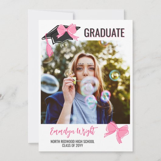 可愛ガーリーいピンクの弓の写真を卒業 案内状 (正面)