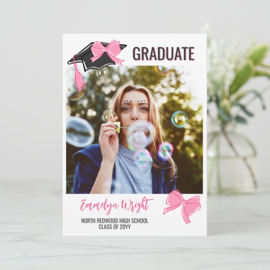 可愛ガーリーいピンクの弓の写真を卒業 案内状 (スタンド正面)