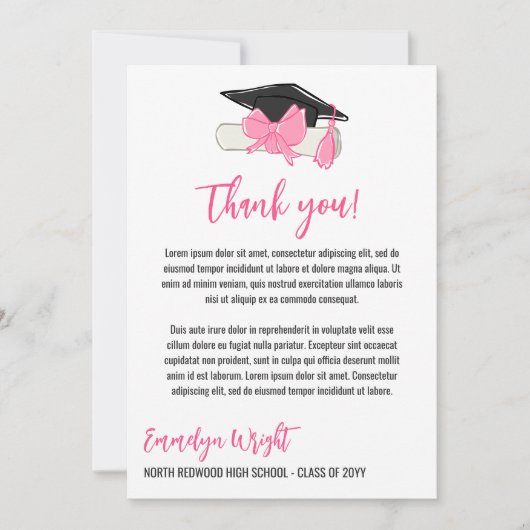 可愛ガーリーいピンクの弓フォト卒業 サンキューカード (正面)