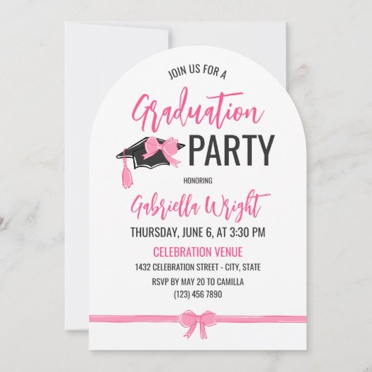 可愛ガーリーいピンクボウズ弓アーチ卒業お祝い 招待状 (裏面)