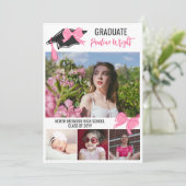 可愛ガーリーいピンク弓の写真卒業お祝い 招待状 (スタンド正面)