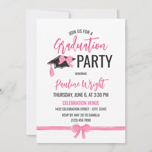 可愛ガーリーいピンク弓の写真卒業お祝い 招待状 (裏面)