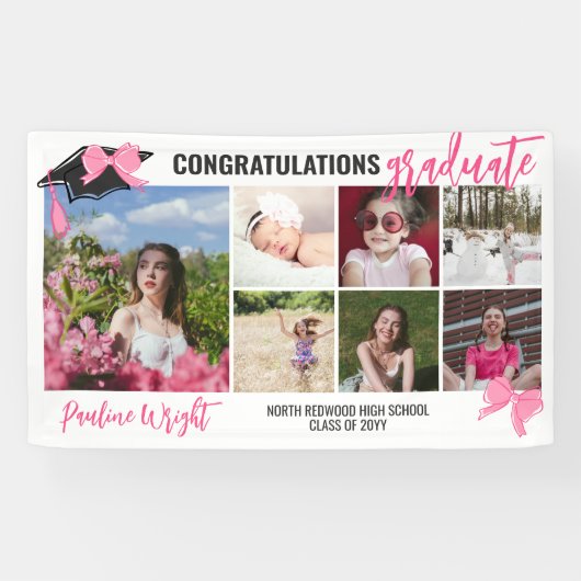 可愛ガーリーいピンク弓7枚おめでとう卒業 横断幕 (横)