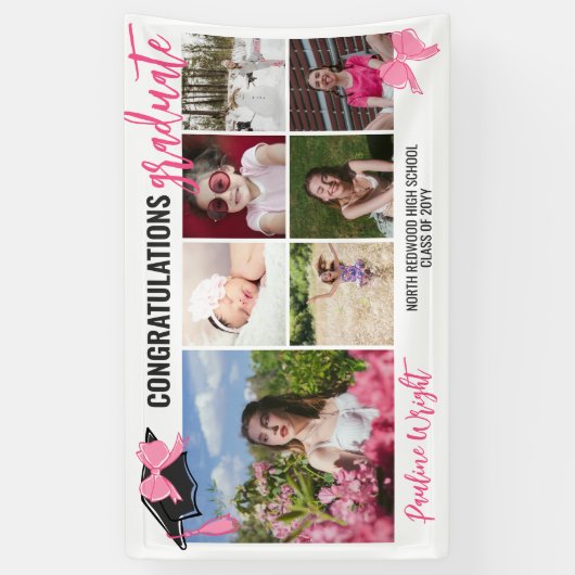 可愛ガーリーいピンク弓7枚おめでとう卒業 横断幕 (縦)