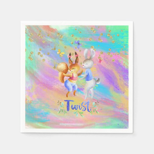 可愛ガーリーいピンク紫の青い森の動物パーティー スタンダードカクテルナプキン (正面)