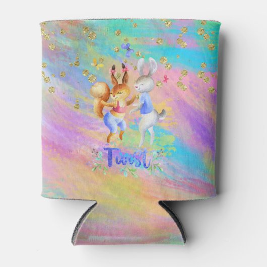 可愛ガーリーいピンク紫の青い森の動物パーティー 缶クーラー (正面)