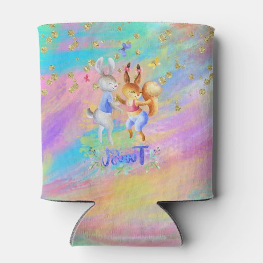 可愛ガーリーいピンク紫の青い森の動物パーティー 缶クーラー (裏面)