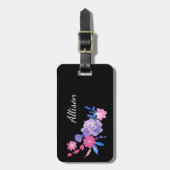 可愛ガーリーいピンク紫ブラックフローラモノグラム名 ラゲッジタグ (正面縦)