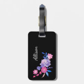 可愛ガーリーいピンク紫ブラックフローラモノグラム名 ラゲッジタグ (裏面縦)